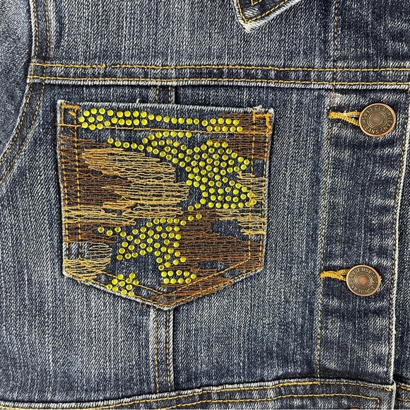 CLASH Vintage Y2K Blue Denim Green Brown Camo Rhinestone Cropped Jean Jacket - Picture 4 of 9